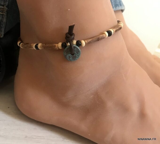 N6215a Bracelet de cheville perle bois tribal pour homme - Bijoux de pied en ligne Ninanina