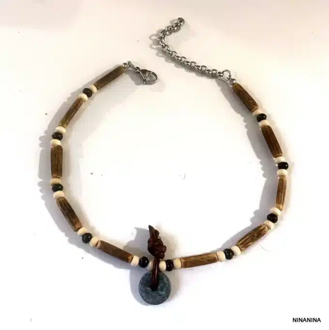 N6215b Bracelet Cheville Homme Surf Perles Bois Anneau Bleu - Bijoux de pieds Hommes en ligne Ninanina