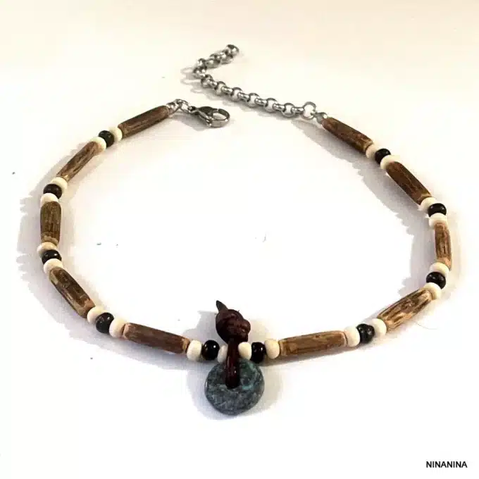 N6215c Bracelet Cheville Homme Surf Perles Bois Anneau Bleu - Bijoux de pieds Hommes en ligne Ninanina