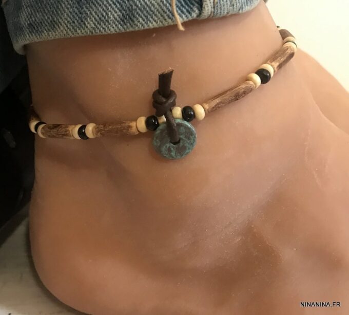 N6215c Bracelet de cheville perle bois tribal pour homme - Bijoux de pied en ligne Ninanina