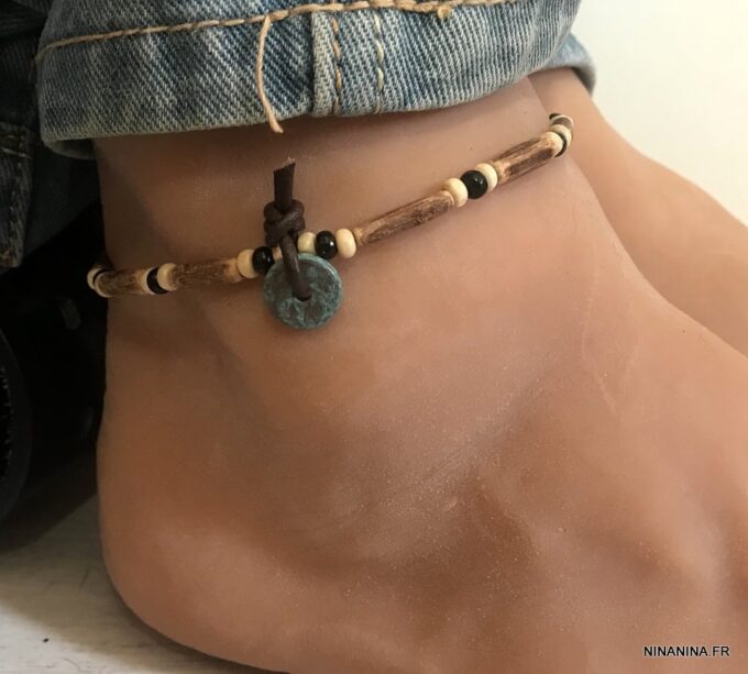 N6215i Bracelet de cheville perle bois tribal pour homme - Bijoux de pied en ligne Ninanina