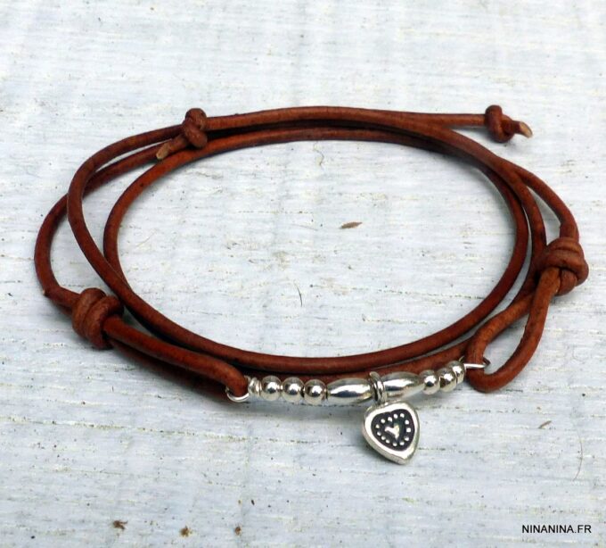 N6216 Bracelet wrap cordon cuir 3 tours coeur et perles Argent 925 Massif - Bijoux Bracelets en ligne Ninanina