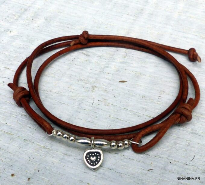 N6216b Bracelet wrap cordon cuir 3 tours coeur et perles Argent 925 Massif - Bijoux Bracelets en ligne Ninanina