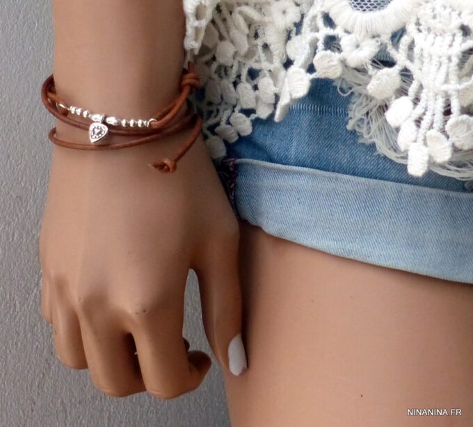 N6216c Bracelet wrap cordon cuir 3 tours coeur et perles Argent 925 Massif - Bijoux Bracelets en ligne Ninanina