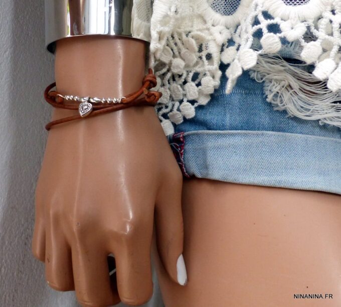 N6216d Bracelet wrap cordon cuir 3 tours coeur et perles Argent 925 Massif - Bijoux Bracelets en ligne Ninanina