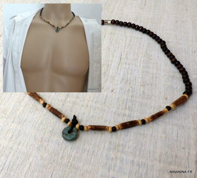 N6217 Collier Homme ethnique pendentif disque bleu turquoise perles bois - Bijoux Colliers en ligne Ninanina