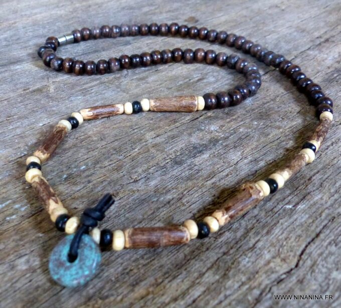 N6217b Collier ethnique cuir pendentif rond bleu turquoise homme - Bijoux Colliers Ninanina