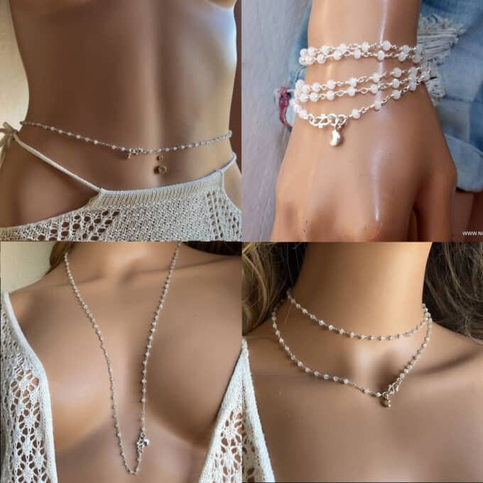 N6219D Chaine pour le ventre Argent Signe Infini Pierre de Lune Faite à la main - Bijoux de corps en ligne Ninanina