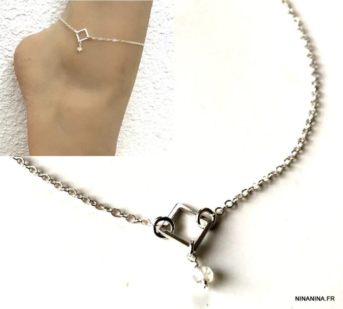 N6224k Chaine de cheville Argent 925 femme Et Pierre de Lune - Bijoux Chaines en ligne Ninanina