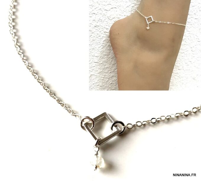 N6224l Chaine de cheville Argent 925 femme Et Pierre de Lune - Bijoux Chaines en ligne Ninanina