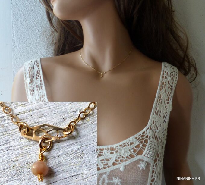 N6227 Collier Chaine de cou Plaqué Or Gold Filled Et Opale rose - Bijoux Colliers en ligne Ninanina