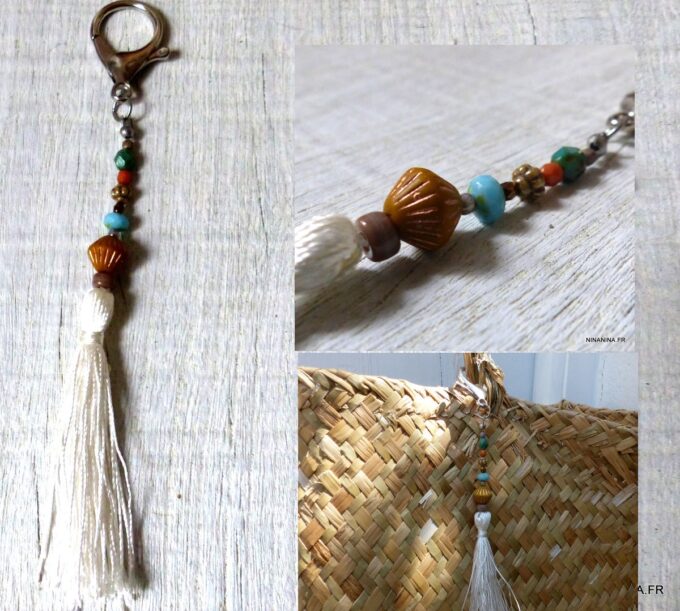 N6231 Bijou de sac boheme perles de bohemes picasso et pompon blanc - Accessoires Bijoux en ligne Ninanina