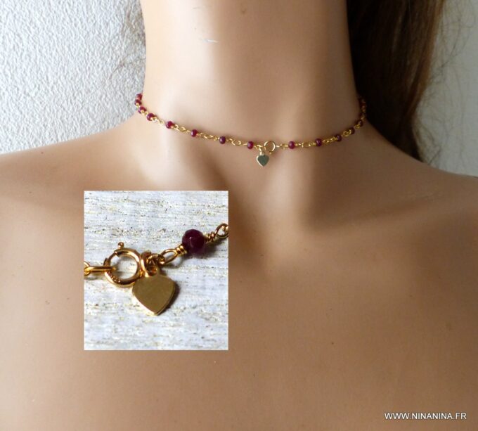 N6238 Collier court pierres Rubis Coeur Plaqué Or Gold Filled - Bijoux Colliers en ligne Ninanina