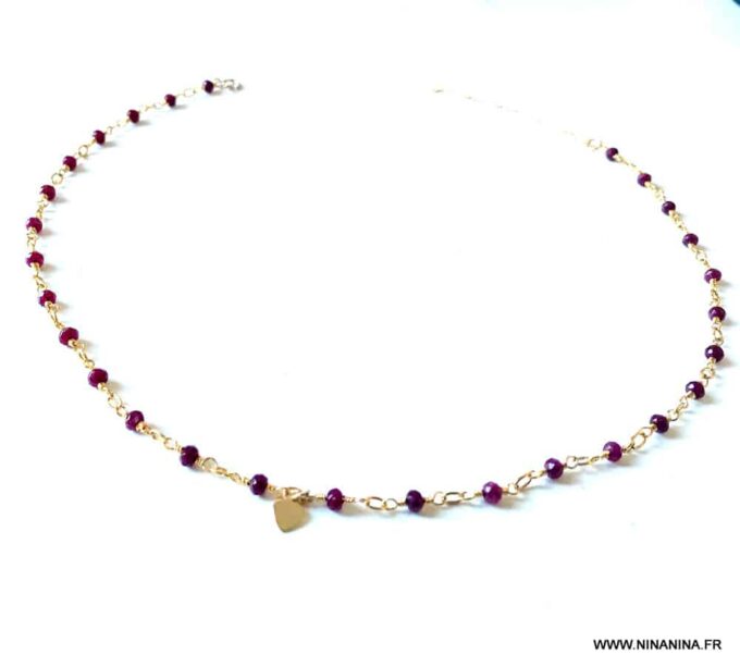 N6238 Collier court pierres Rubis Coeur Plaqué Or Gold Filled pour femme - Bijoux Colliers en ligne Ninanina