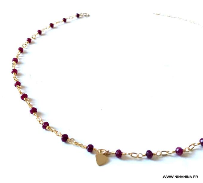 N6238a Collier court pierres Rubis Coeur Plaqué Or Gold Filled pour femme - Bijoux Colliers en ligne Ninanina