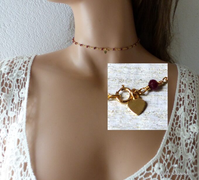 N6238b Collier court pierres Rubis Coeur Plaqué Or Gold Filled - Bijoux Colliers en ligne Ninanina