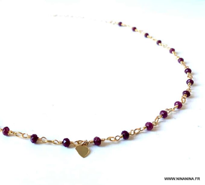N6238b Collier court pierres Rubis Coeur Plaqué Or Gold Filled pour femme - Bijoux Colliers en ligne Ninanina