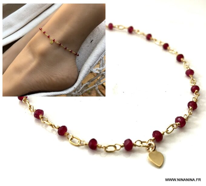 N6239a Chaine de cheville pierre rubis rouge plaqué or femme - Bijoux Chaines en ligne Ninanina