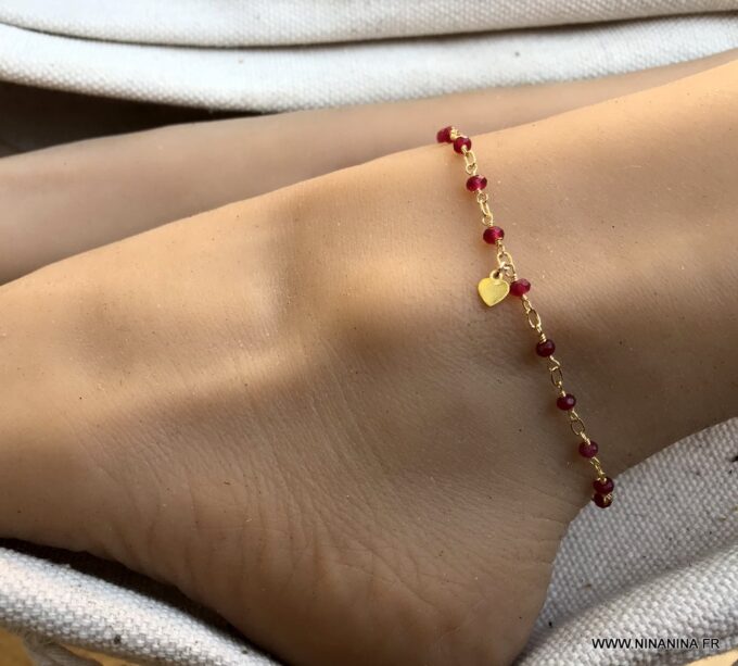 N6239b Chaine de cheville pierre rubis rouge plaqué or femme - Bijoux Chaines en ligne Ninanina
