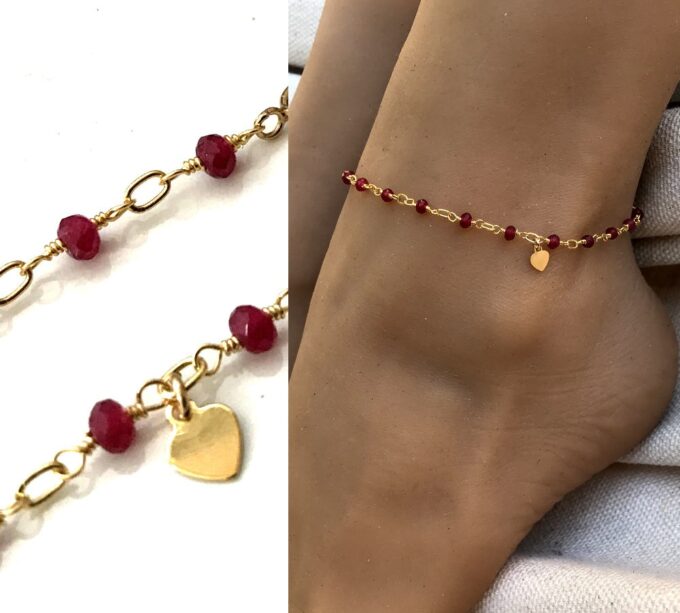 N6239c Chaine de cheville pierre rubis rouge plaqué or femme - Bijoux Chaines en ligne Ninanina