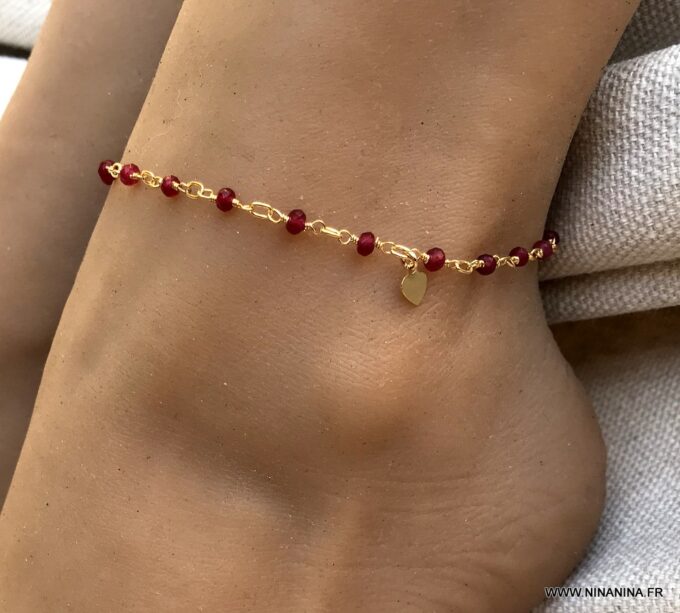 N6239d Chaine de cheville pierre rubis rouge plaqué or femme - Bijoux Chaines en ligne Ninanina