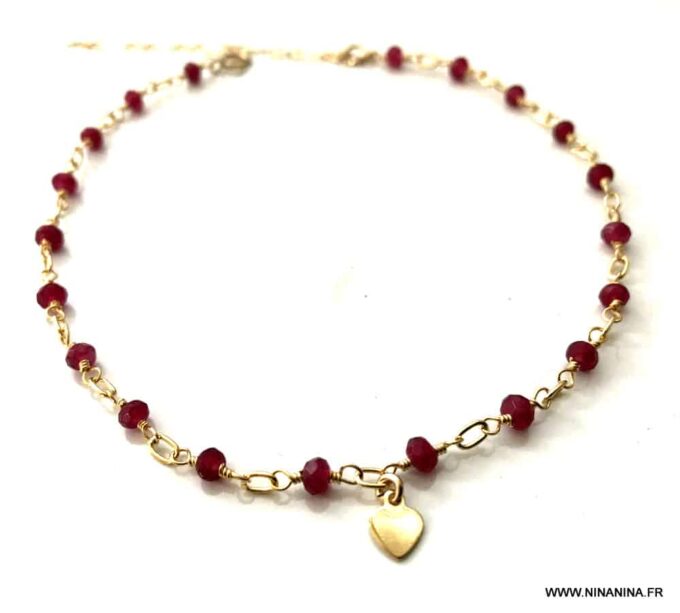 N6239e Chaine de cheville pierre rubis rouge plaqué or femme - Bijoux Chaines en ligne Ninanina