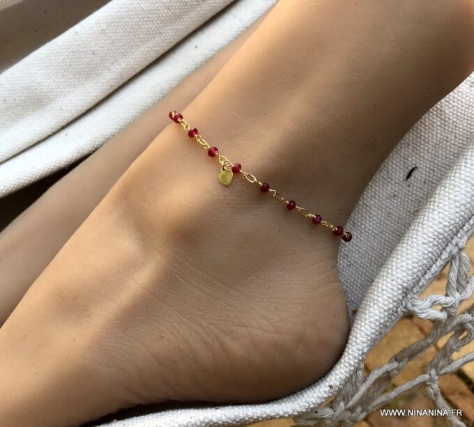 N6239f Chaine de cheville pierre rubis rouge plaqué or femme - Bijoux Chaines en ligne Ninanina