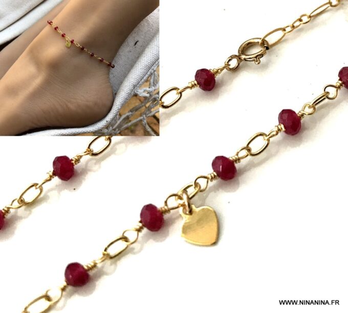 N6239g Chaine de cheville pierre rubis rouge plaqué or femme - Bijoux Chaines en ligne Ninanina