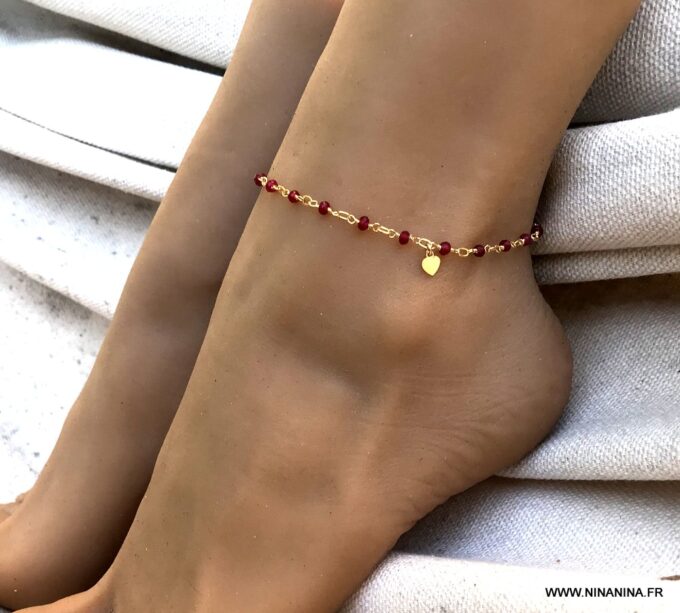 N6239h Chaine de cheville pierre rubis rouge plaqué or femme - Bijoux Chaines en ligne Ninanina