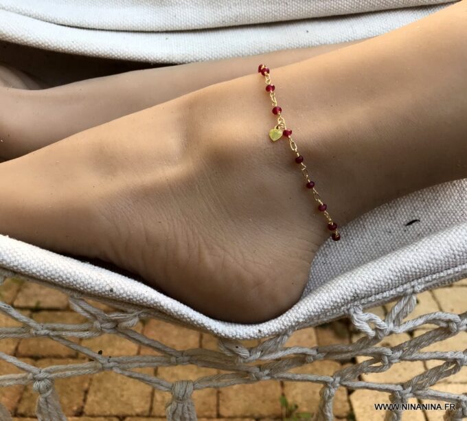 N6239i Chaine de cheville pierre rubis rouge plaqué or femme - Bijoux Chaines en ligne Ninanina