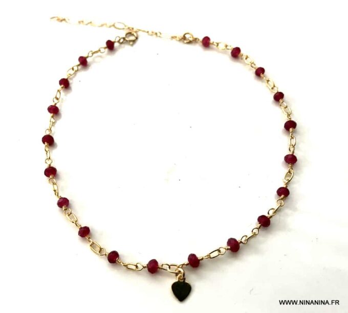 N6239j Chaine de cheville pierre rubis rouge plaqué or femme - Bijoux Chaines en ligne Ninanina
