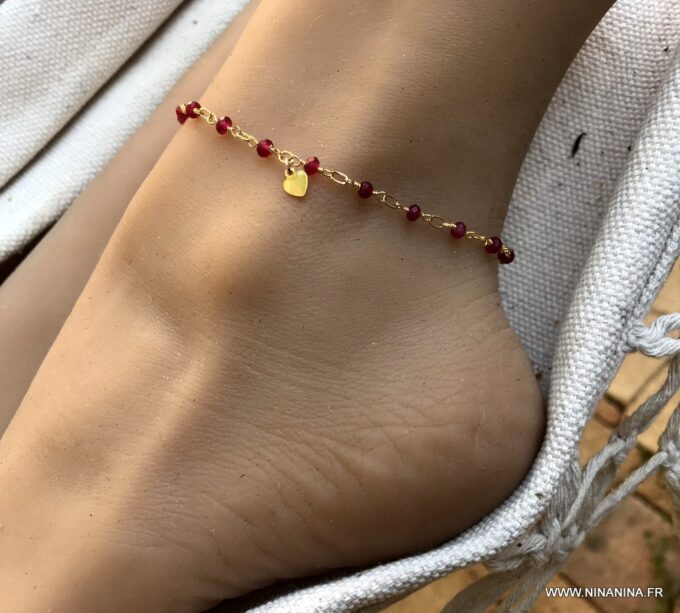 N6239l Chaine de cheville pierre rubis rouge plaqué or femme - Bijoux Chaines en ligne Ninanina