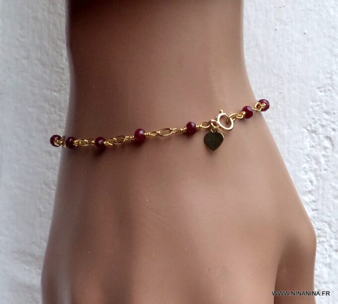 N6240b Bracelet pierres Rubis Coeur Plaqué Or Gold Filled - Bijoux Bracelets en ligne Ninanina