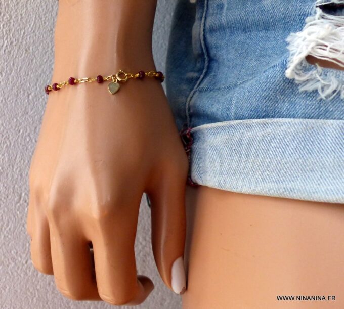 N6240c Bracelet pierres Rubis Coeur Plaqué Or Gold Filled - Bijoux Bracelets en ligne Ninanina