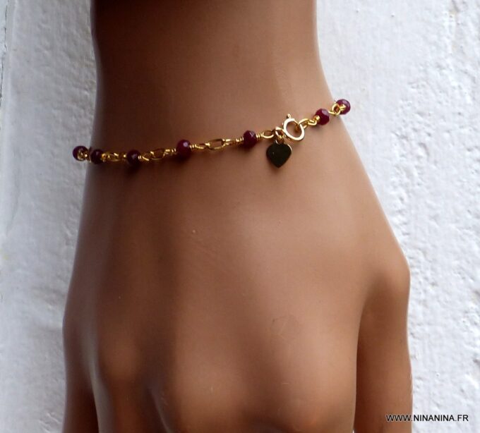 N6240d Bracelet pierres Rubis Coeur Plaqué Or Gold Filled - Bijoux Bracelets en ligne Ninanina