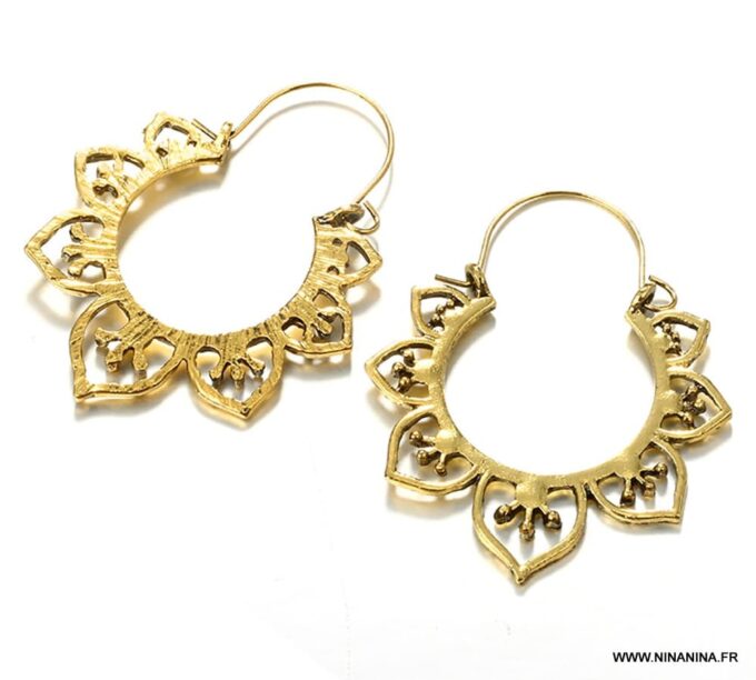 N6251b Boucles d Oreilles Créoles bohème Fantaisie métal doré - Bijoux Boucles d Oreilles en ligne Ninanina
