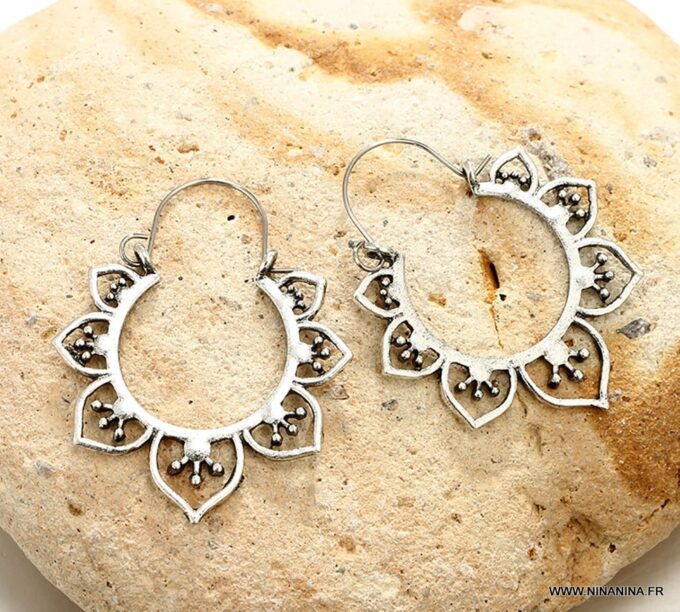 N6252c Boucles d Oreilles Créoles bohème Fantaisie métal argenté - Bijoux Boucles d Oreilles en ligne Ninanina