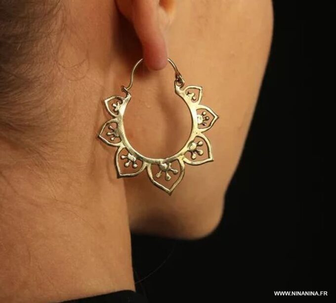N6252d Boucles d Oreilles Créoles bohème Fantaisie métal doré - Bijoux Boucles d Oreilles en ligne Ninanina