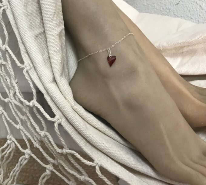 N6257a Bracelet cheville Swarovski Coeur rouge Argent 925 - Bijoux de pied en ligne Ninanina