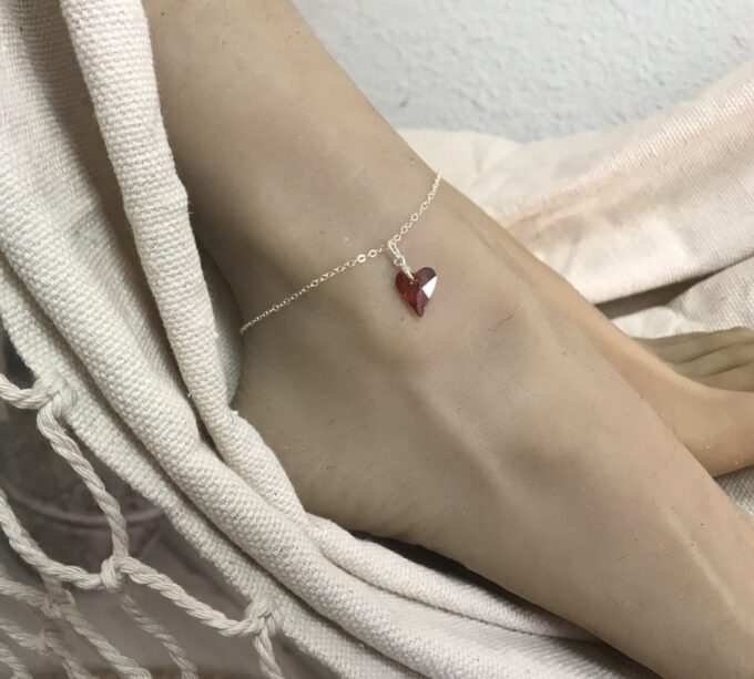 N6257b Bracelet cheville Swarovski Coeur rouge Argent 925 - Bijoux de pied en ligne Ninanina