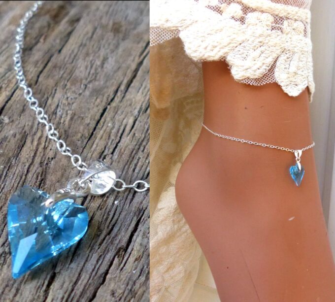 N6257B Chaine de cheville pendentif Coeur Swarovski turquoise Et Argent 925 - Bijoux Chaines en ligne Ninanina