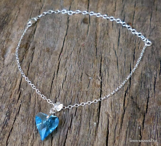 N6257G Chaine de cheville pendentif Coeur Swarovski turquoise Et Argent 925 - Bijoux Chaines en ligne Ninanina
