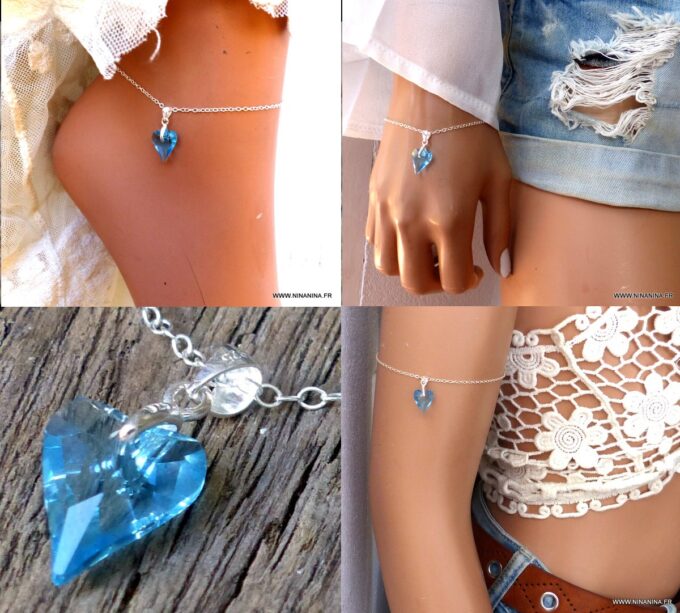 N6257I Chaine de cheville pendentif Coeur Swarovski turquoise Et Argent 925 - Bijoux Chaines en ligne Ninanina