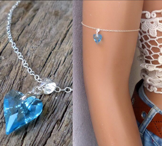 N6257M Chaine de cheville pendentif Coeur Swarovski turquoise Et Argent 925 - Bijoux Chaines en ligne Ninanina