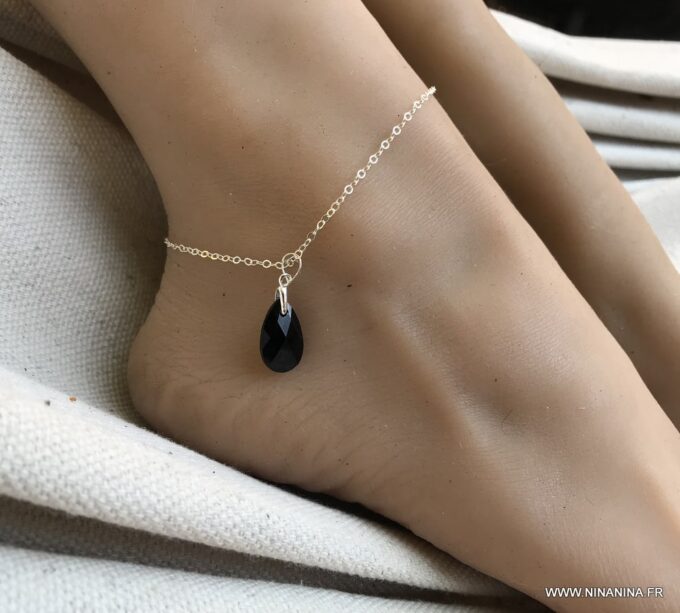 N6259c Chaine de cheville argent swarovski pendentif goutte noir femme - Bijoux Swarovski en ligne Ninanina