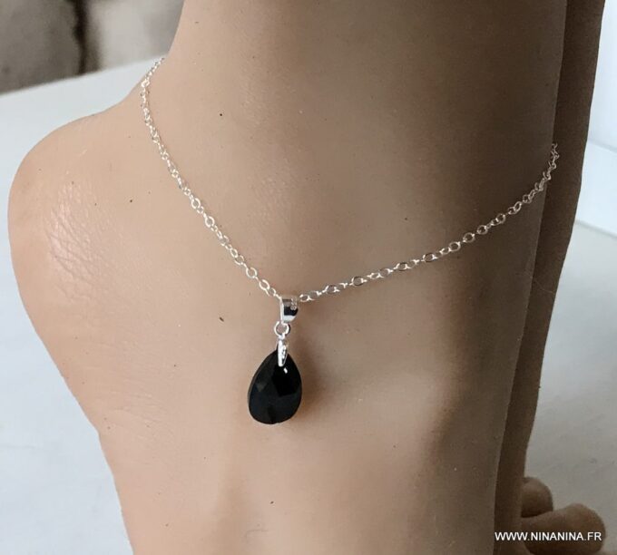 N6259d Chaine de cheville argent swarovski pendentif goutte noir femme - Bijoux Swarovski en ligne Ninanina