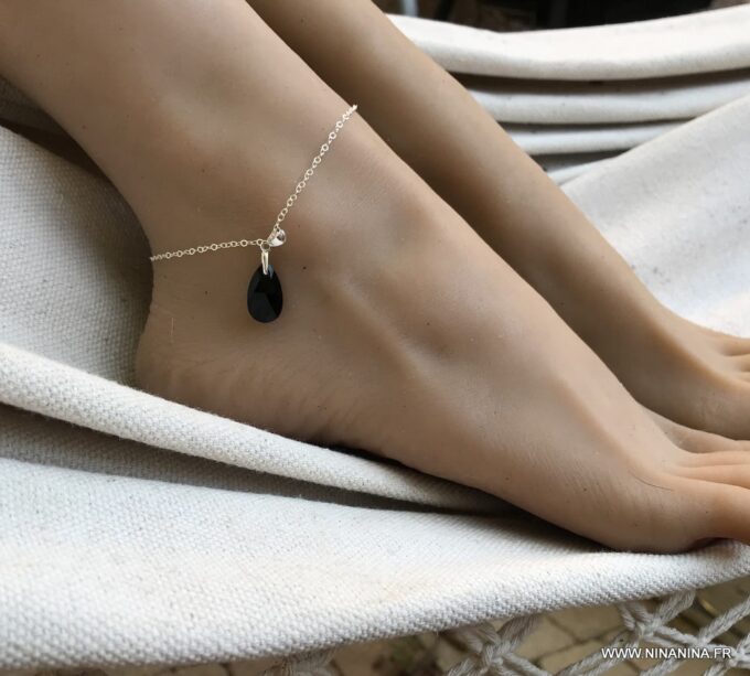 N6259e Chaine de cheville argent swarovski pendentif goutte noir femme - Bijoux Swarovski en ligne Ninanina
