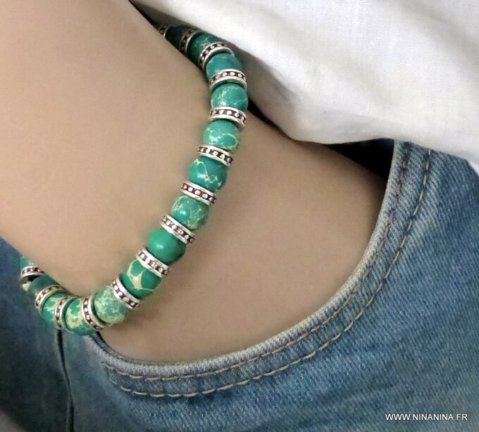 N6261c Bracelet homme perles jaspe vert - Bijoux Bracelets en ligne Ninanina