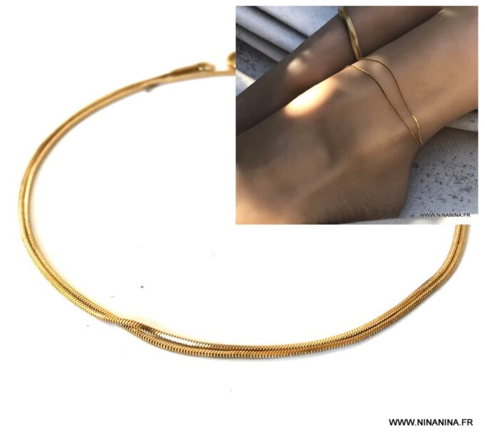 N6264a Bracelet de cheville Chaine double Acier doré maille serpent - Bijoux de pied en ligne Ninanina