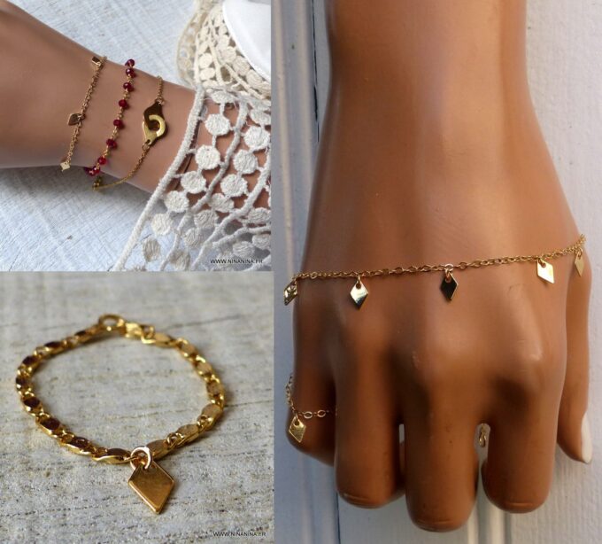 N6268a Bracelet chaine fin de cheville losange plaqué or minimaliste - Bijoux Colliers en ligne Ninanina